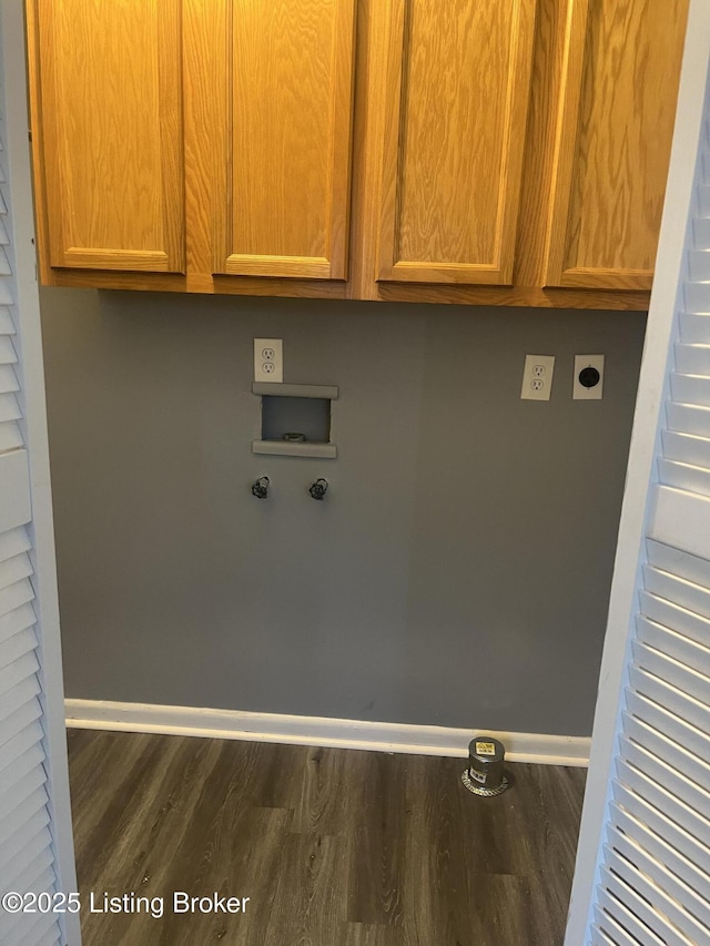 washroom featuring washer hookup, wood finished floors, cabinet space, baseboards, and hookup for an electric dryer