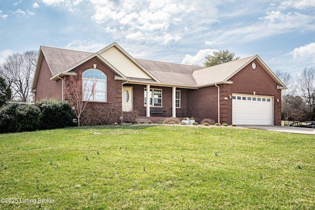 ranch-style house with a front lawn, an attached garage, brick siding, and concrete driveway