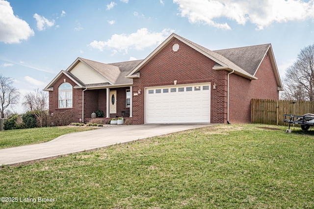 ranch-style house featuring a garage, a front yard, driveway, and fence