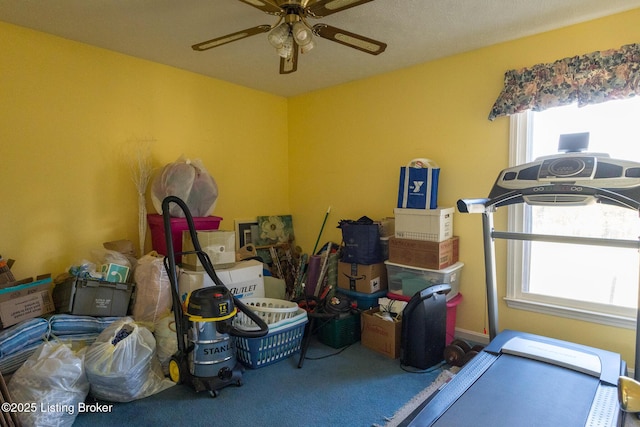 interior space featuring carpet and a ceiling fan