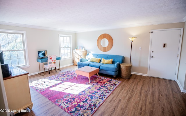 living room featuring ornamental molding, a textured ceiling, baseboards, and wood finished floors