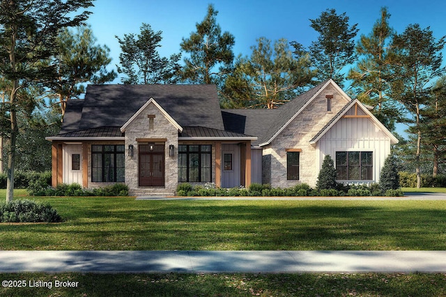 view of front of home with a front lawn, a standing seam roof, stone siding, board and batten siding, and metal roof