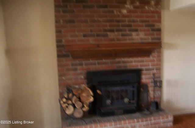 details with a brick fireplace