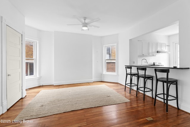 interior space featuring a breakfast bar, a ceiling fan, hardwood / wood-style flooring, under cabinet range hood, and dark countertops