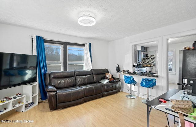 living area featuring a textured ceiling and wood finished floors