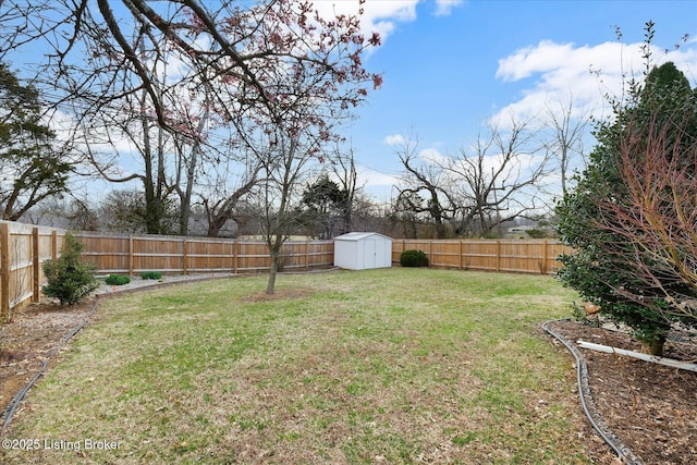 view of yard featuring a fenced backyard, a storage shed, and an outdoor structure