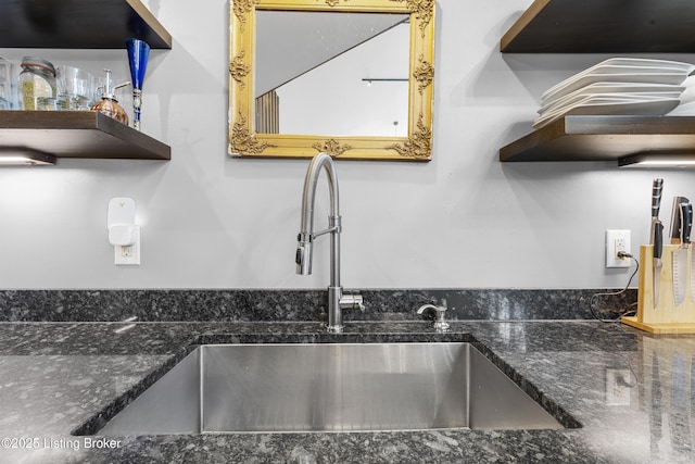 interior details featuring open shelves and a sink