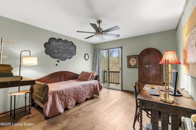 bedroom featuring a ceiling fan, access to exterior, light wood-style floors, and baseboards