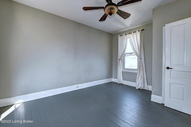 empty room with ceiling fan, baseboards, and dark wood-style floors