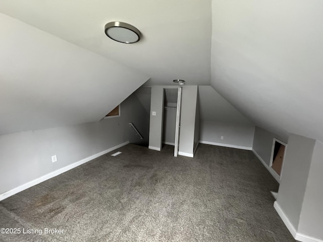 additional living space with baseboards, carpet floors, and lofted ceiling