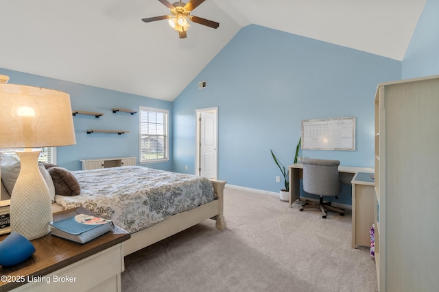 bedroom with visible vents, baseboards, ceiling fan, light colored carpet, and high vaulted ceiling