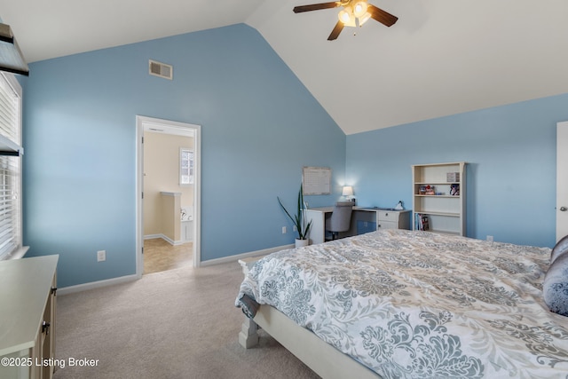 carpeted bedroom with visible vents, high vaulted ceiling, baseboards, and a ceiling fan