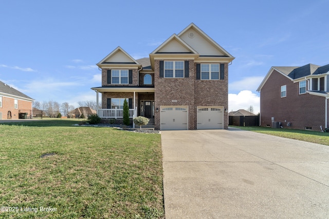 view of front facade featuring brick siding, a front lawn, a porch, concrete driveway, and an attached garage