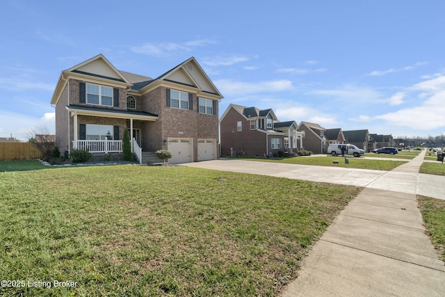 traditional home with a front lawn, a porch, concrete driveway, an attached garage, and brick siding