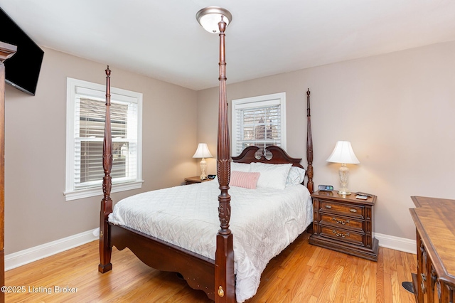 bedroom featuring light wood-style flooring and baseboards