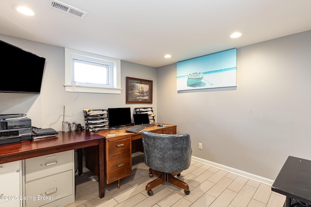 home office with visible vents, recessed lighting, baseboards, and wood finish floors