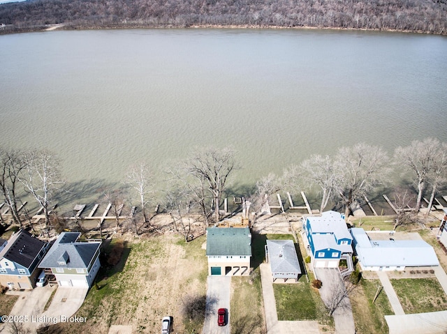 aerial view featuring a water view and a residential view