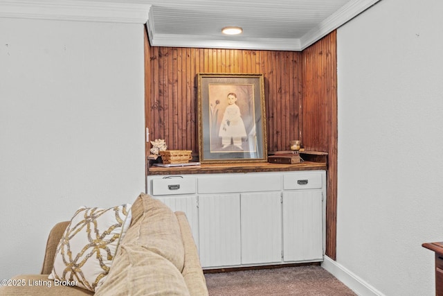 bar with baseboards, carpet floors, and crown molding