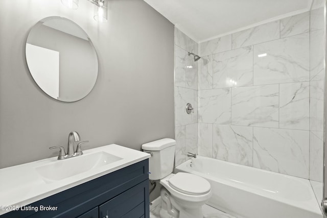 bathroom featuring vanity, shower / tub combination, toilet, and marble finish floor