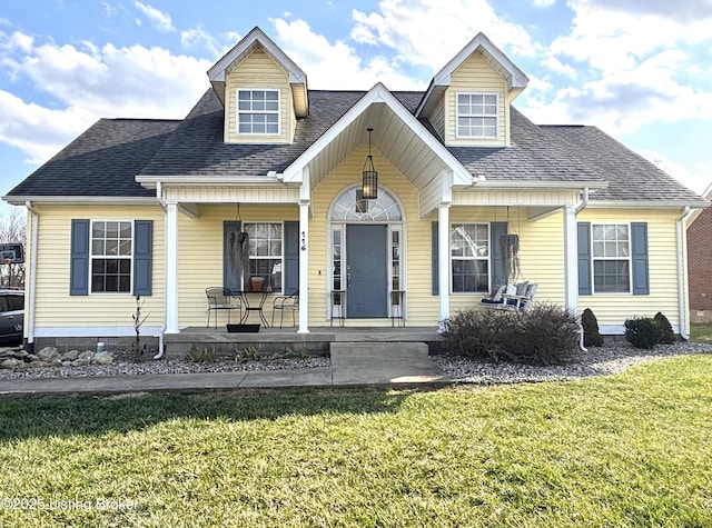 cape cod home featuring covered porch, a shingled roof, and a front yard