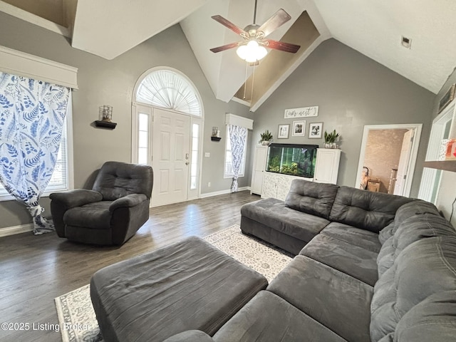 living room featuring a wealth of natural light, wood finished floors, and ceiling fan