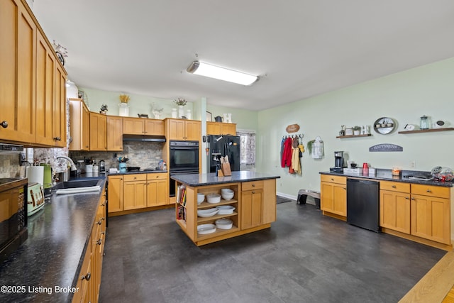 1380 Rice Rd, Lawrenceburg, KY 40342 - kitchen with black appliances, dark countertops, open shelves, and a sink