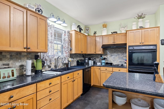 1380 Rice Rd, Lawrenceburg, KY 40342 - kitchen featuring dark stone countertops, a sink, decorative backsplash, black appliances, and under cabinet range hood