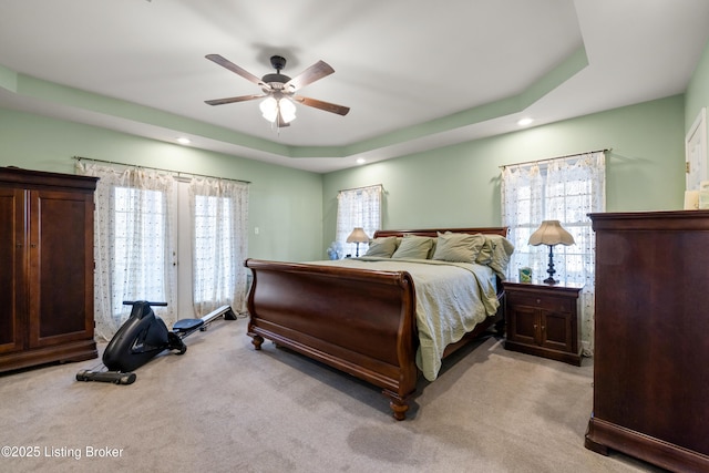 1380 Rice Rd, Lawrenceburg, KY 40342 - bedroom featuring ceiling fan, a raised ceiling, recessed lighting, and light carpet