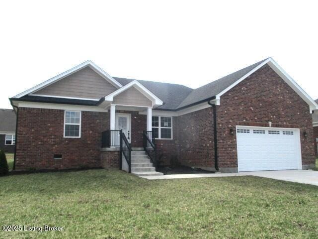 ranch-style house with brick siding, driveway, an attached garage, and a front yard