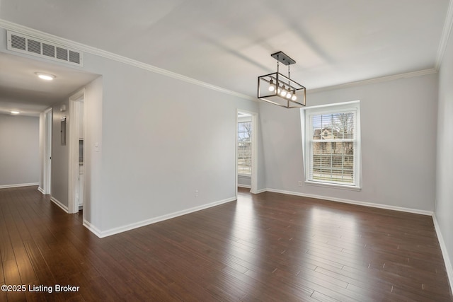 unfurnished dining area featuring visible vents, baseboards, dark wood-type flooring, and ornamental molding