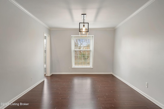 unfurnished dining area featuring dark wood-style floors, baseboards, and ornamental molding