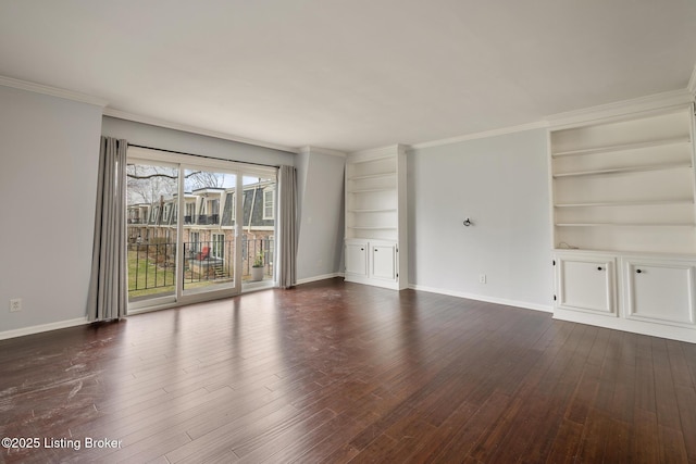 unfurnished living room featuring baseboards and dark wood-style flooring