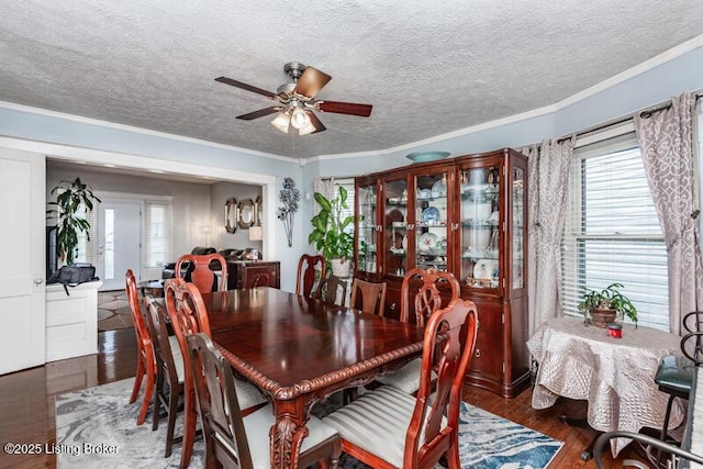 dining space with wood finished floors, crown molding, a ceiling fan, and a textured ceiling