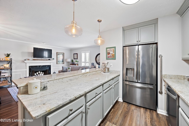 kitchen with gray cabinetry, open floor plan, appliances with stainless steel finishes, a peninsula, and dark wood-style flooring