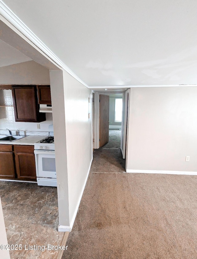 kitchen featuring under cabinet range hood, dark colored carpet, gas range gas stove, and a sink