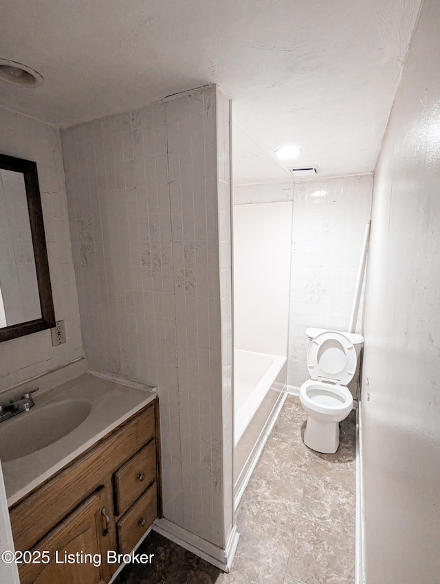 full bath featuring visible vents, toilet, and vanity