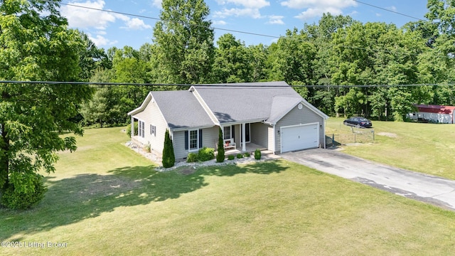 404 Persell Rd, Bedford, KY 40006 - view of front of property with driveway, an attached garage, covered porch, and a shingled roof