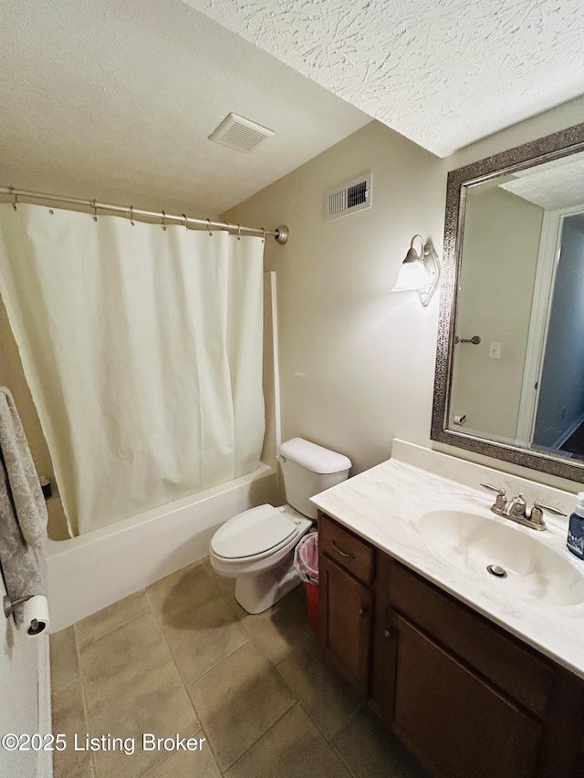 105-A Legacy Ct, Elizabethtown, KY 42701 - bathroom with vanity, visible vents, shower / bath combo with shower curtain, a textured ceiling, and toilet