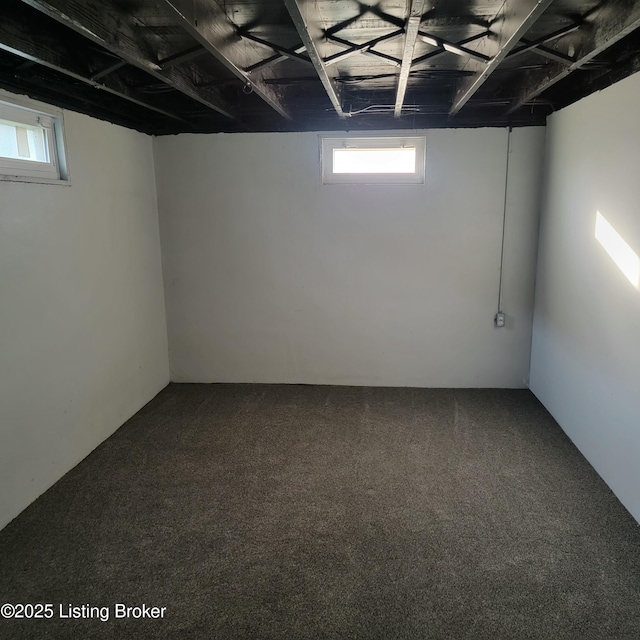 basement featuring dark colored carpet