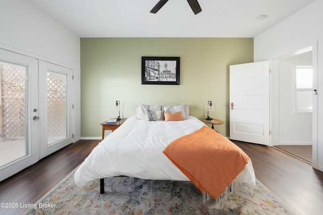 bedroom featuring access to exterior, baseboards, ceiling fan, french doors, and dark wood-style flooring