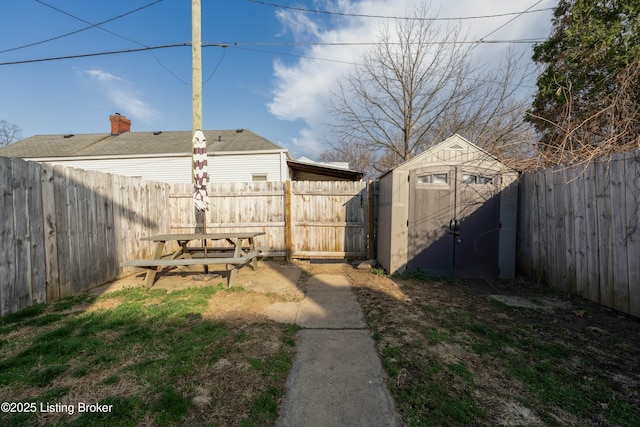 view of yard with a fenced backyard, a shed, and an outdoor structure