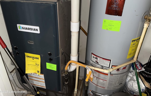 utility room featuring gas water heater and heating unit