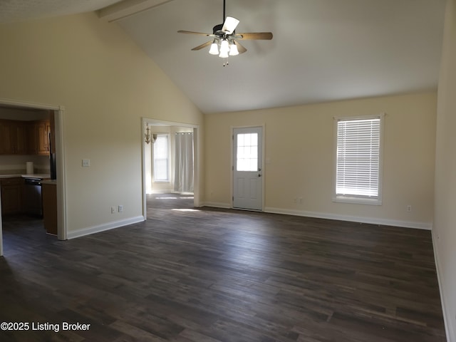 unfurnished living room featuring dark wood-type flooring, beamed ceiling, a ceiling fan, and baseboards