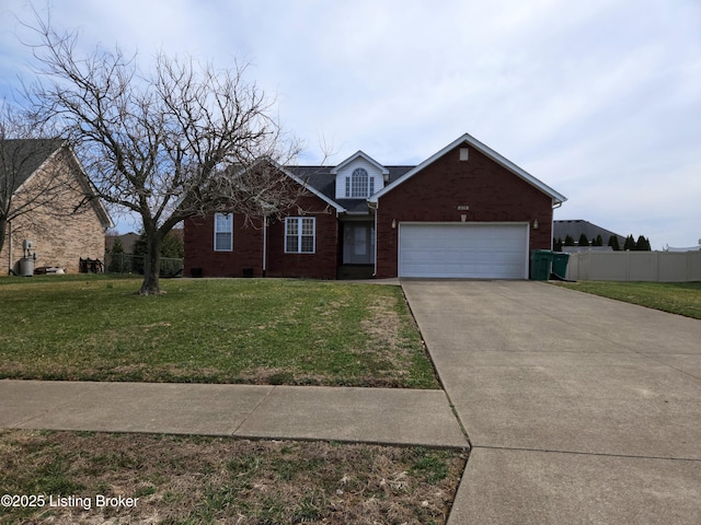 traditional home with brick siding, a front lawn, fence, a garage, and driveway