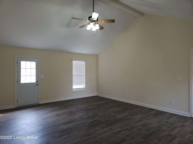 interior space with beam ceiling, a ceiling fan, dark wood-style flooring, and baseboards