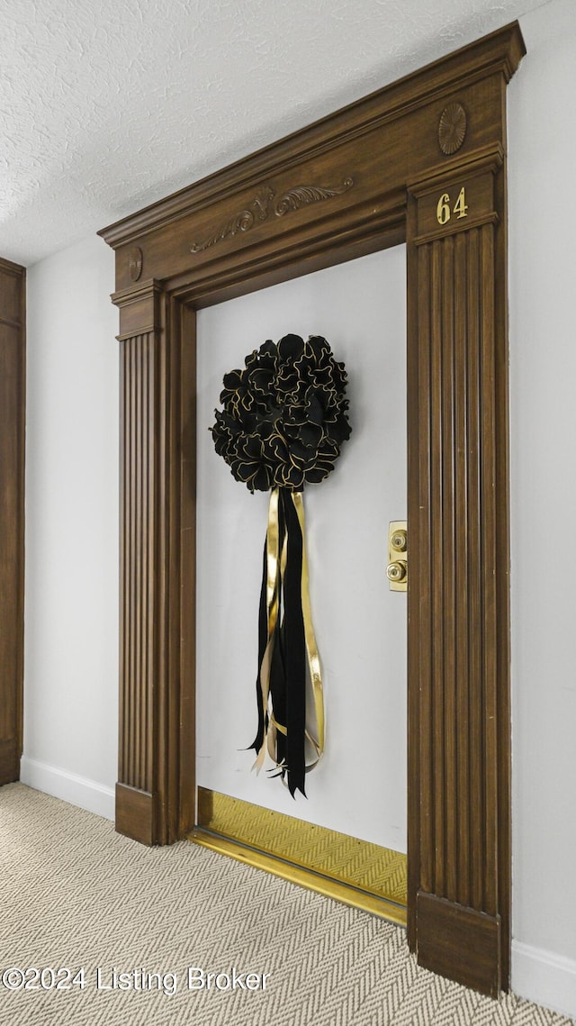 room details featuring carpet flooring, a textured ceiling, and baseboards