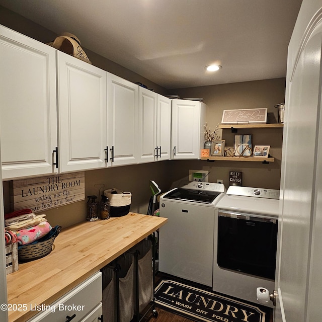 clothes washing area featuring recessed lighting, cabinet space, and independent washer and dryer