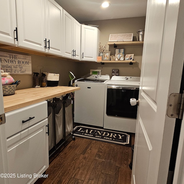 washroom with washer and dryer, cabinet space, recessed lighting, and dark wood finished floors