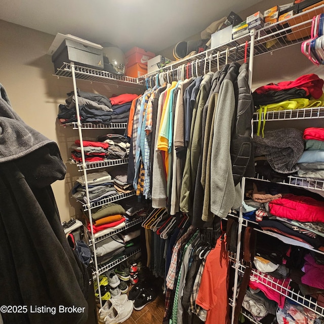 walk in closet with wood finished floors