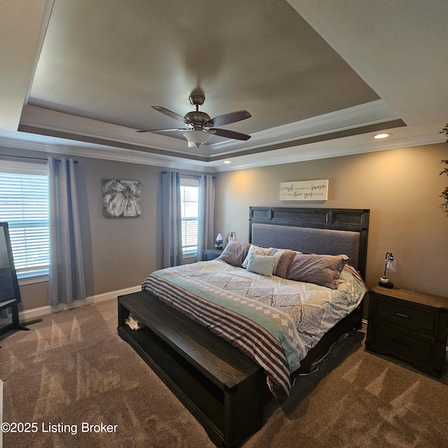 bedroom featuring a tray ceiling and carpet floors